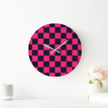 Chequered squares hot pink black geometric retro large clock<br><div class="desc">Chequered squares hot pink black geometric retro pattern gift for her. Cool retro chequered geometric square pattern. Vintage tile black and hot pink modern chequered.</div>