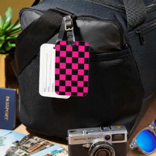 Chequered squares hot pink black geometric retro luggage tag