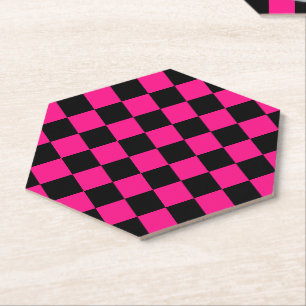 Chequered squares hot pink black geometric retro paper coaster