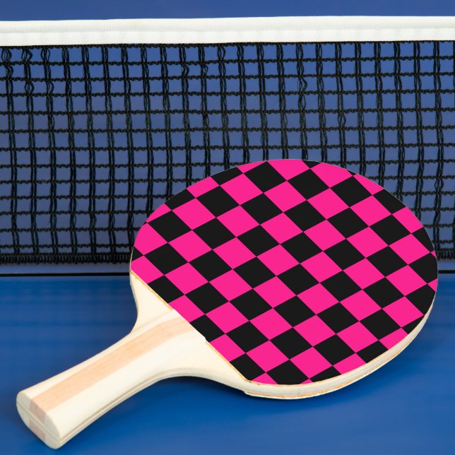 Chequered squares hot pink black geometric retro ping pong paddle (Insitu)