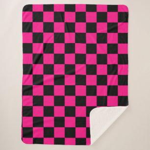 Chequered squares hot pink black geometric retro sherpa blanket