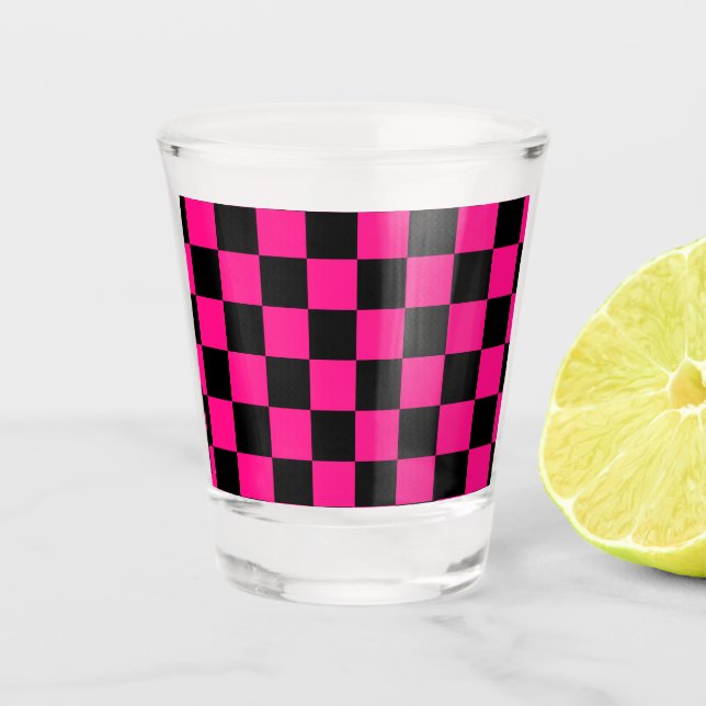 Chequered squares hot pink black geometric retro shot glass (Front)