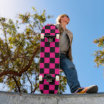 Chequered squares hot pink black geometric retro skateboard<br><div class="desc">Chequered squares hot pink black geometric retro pattern gift for her. Cool retro chequered geometric square pattern. Vintage tile black and hot pink modern chequered.</div>