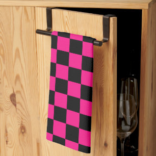 Chequered squares hot pink black geometric retro tea towel