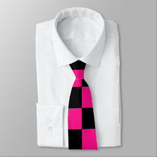 Chequered squares hot pink black geometric retro tie