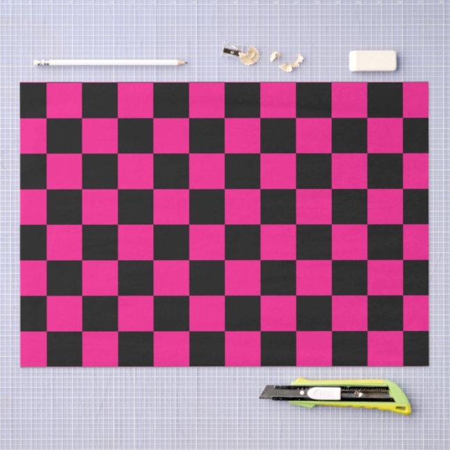 Chequered squares hot pink black geometric retro tissue paper (Craft)