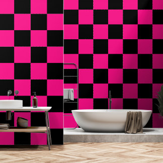Chequered squares hot pink black geometric retro wallpaper