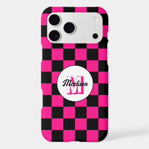 Chequered squares hot pink black retro Monogram