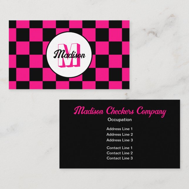Chequered squares hot pink black retro Monogram Business Card (Front/Back)