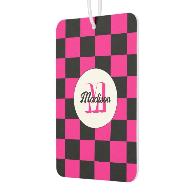 Chequered squares hot pink black retro Monogram Car Air Freshener (Left)