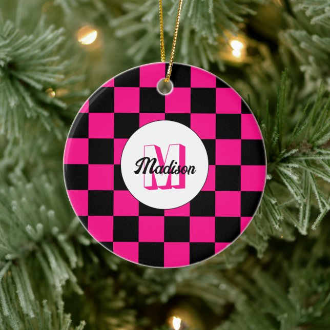 Chequered squares hot pink black retro Monogram Ceramic Ornament (Tree)