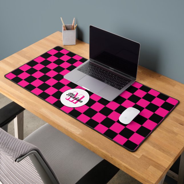 Chequered squares hot pink black retro Monogram  Desk Mat (Office 2)