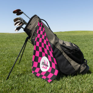 Chequered squares hot pink black retro Monogram Golf Towel