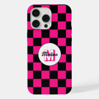 Chequered squares hot pink black retro Monogram