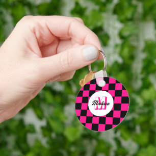 Chequered squares hot pink black retro Monogram Key Ring