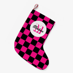 Chequered squares hot pink black retro Monogram Small Christmas Stocking