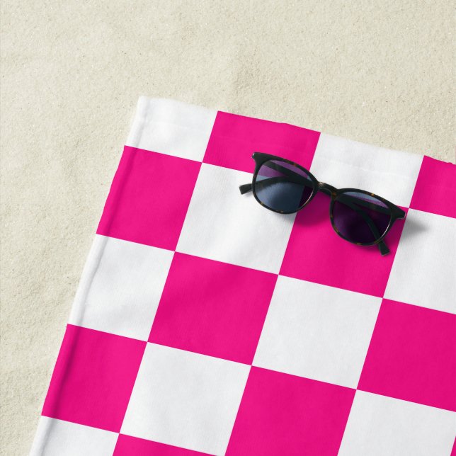 Chequered squares hot pink white geometric retro beach towel (In Situ)