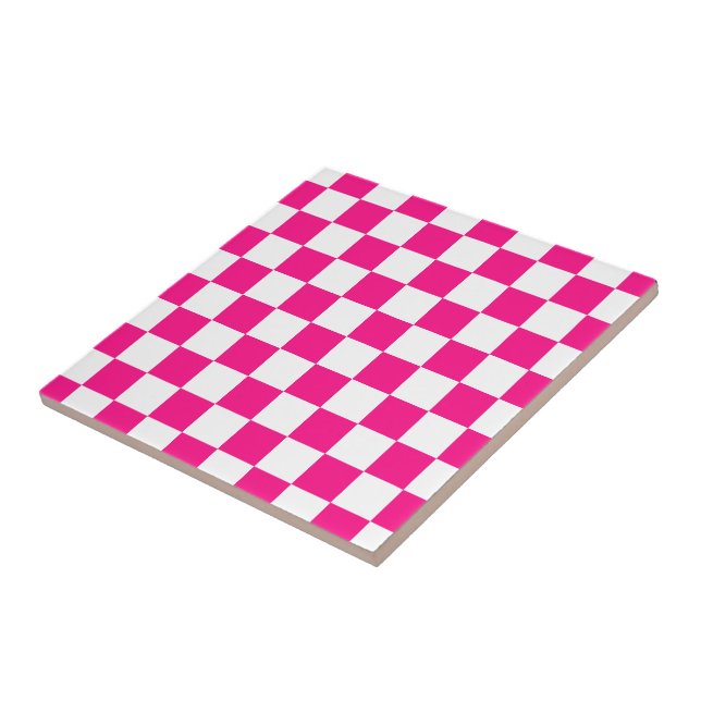 Chequered squares hot pink white geometric retro ceramic tile (Side)