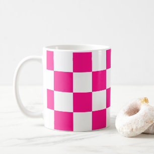 Chequered squares hot pink white geometric retro coffee mug