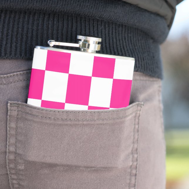 Chequered squares hot pink white geometric retro hip flask (In Situ)
