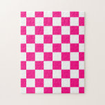 Chequered squares hot pink white geometric retro jigsaw puzzle<br><div class="desc">Chequered squares hot pink white geometric retro pattern Puzzle,  gift for her. Cool retro chequered geometric square pattern. Vintage tile white and hot pink modern chequered.</div>
