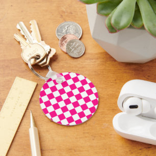 Chequered squares hot pink white geometric retro key ring
