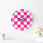 Chequered squares hot pink white geometric retro large clock<br><div class="desc">Chequered squares hot pink white geometric retro pattern Home Decor Wall Clocks gift for her. Cool retro chequered geometric square pattern. Vintage tile white and hot pink modern chequered.</div>