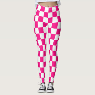 Chequered squares hot pink white geometric retro leggings