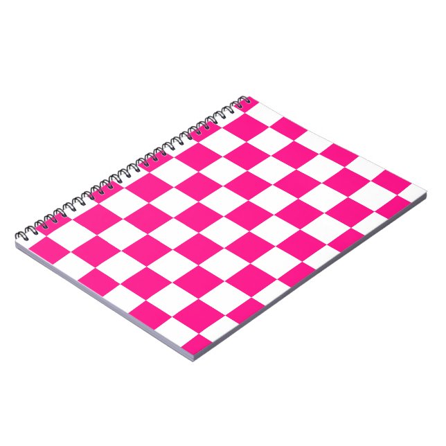 Chequered squares hot pink white geometric retro notebook (Left Side)