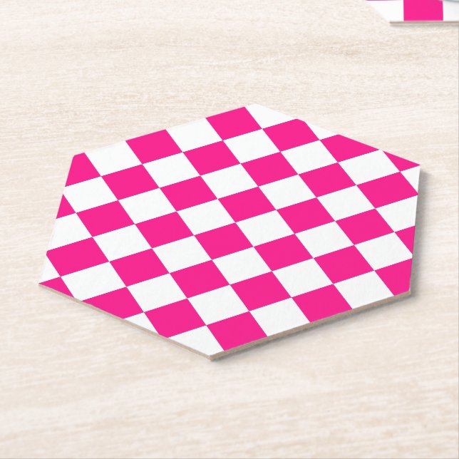 Chequered squares hot pink white geometric retro paper coaster (Angled)