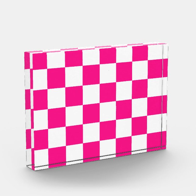 Chequered squares hot pink white geometric retro photo block (Left)