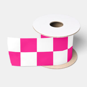 Chequered squares hot pink white geometric retro satin ribbon