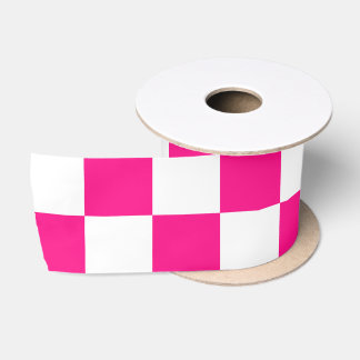 Chequered squares hot pink white geometric retro satin ribbon