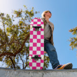 Chequered squares hot pink white geometric retro skateboard<br><div class="desc">Chequered squares hot pink white geometric retro pattern skateboard. Outdoor Sports Equipment Skateboarding gift for her. Cool retro chequered geometric square pattern. Vintage tile white and hot pink modern chequered.</div>