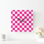 Chequered squares hot pink white geometric retro square wall clock<br><div class="desc">Chequered squares hot pink black geometric retro pattern Wall Clock gift for her. Cool retro chequered geometric square pattern. Vintage tile black and hot pink modern chequered.</div>