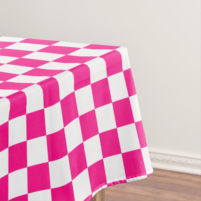 Chequered squares hot pink white geometric retro tablecloth (In Situ)