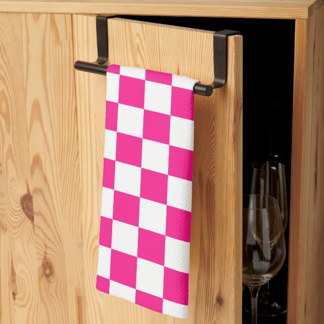 Chequered squares hot pink white geometric retro tea towel (Thirds Fold)
