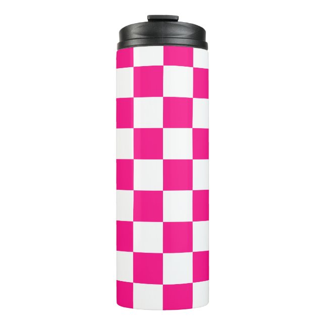 Chequered squares hot pink white geometric retro thermal tumbler (Front)