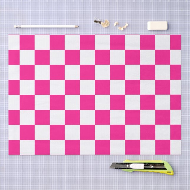 Chequered squares hot pink white geometric retro tissue paper (Craft)