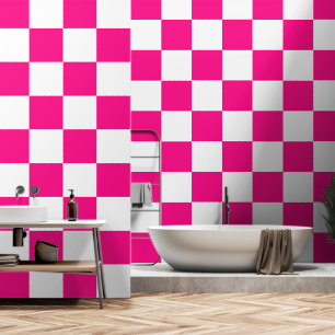 Chequered squares hot pink white geometric retro wallpaper