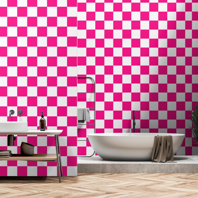 Chequered squares hot pink white geometric retro wallpaper (Bathroom)