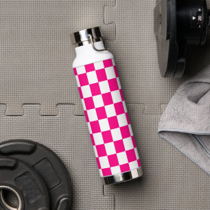 Chequered squares hot pink white geometric retro water bottle