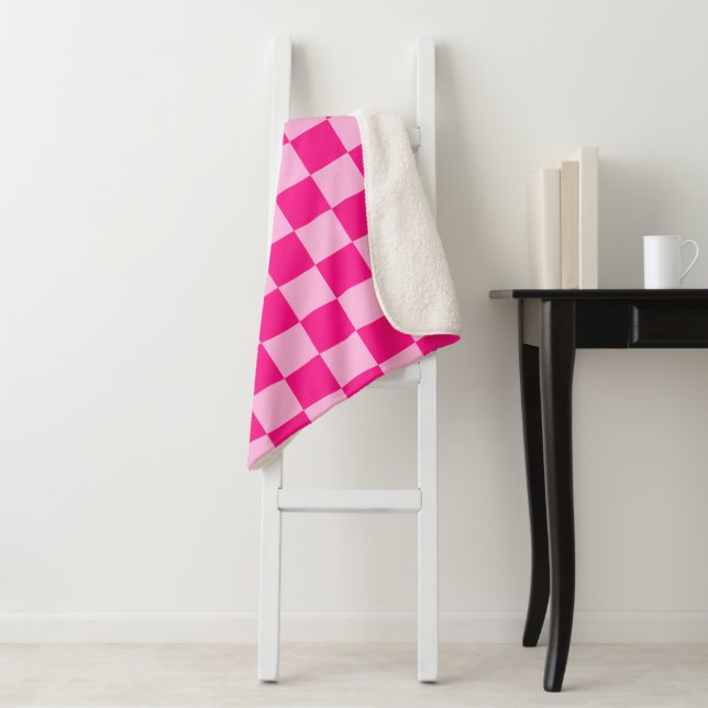 Chequered squares light hot pink geometric retro sherpa blanket (In Situ)