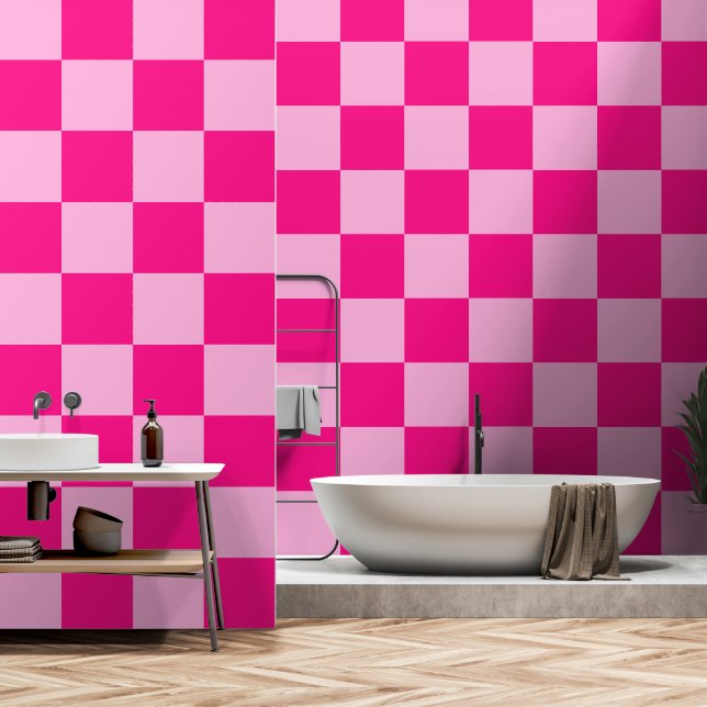Chequered squares light hot pink geometric retro wallpaper (Bathroom)