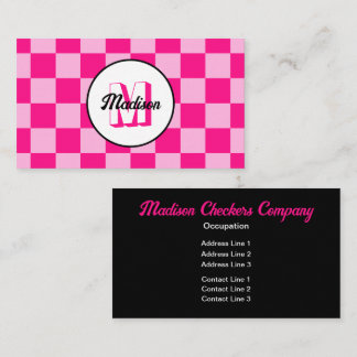 Chequered squares light hot pink retro Monogram Business Card