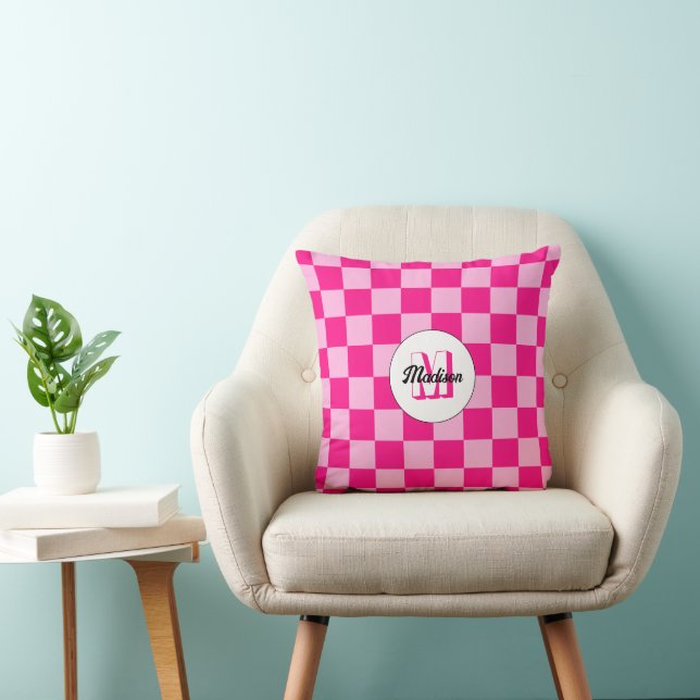 Chequered squares light hot pink retro Monogram Cushion (Chair)