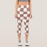 Chequered squares mocha brown white geometric retr capri leggings<br><div class="desc">Chequered squares mocha brown white geometric retro pattern gift for anyone. Cool retro chequered geometric square pattern. Vintage tile mousse brown and white modern chequered.</div>