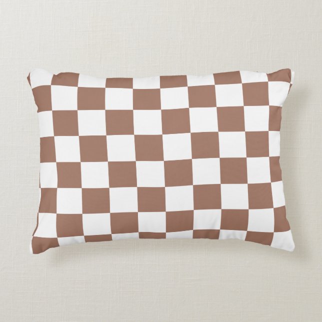 Chequered squares mocha brown white geometric retr decorative cushion (Front)