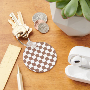 Chequered squares mocha brown white geometric retr key ring