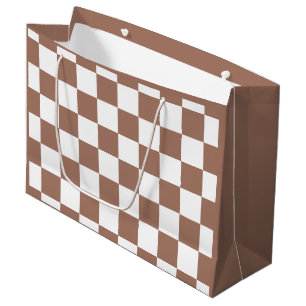 Chequered squares mocha brown white geometric retr large gift bag